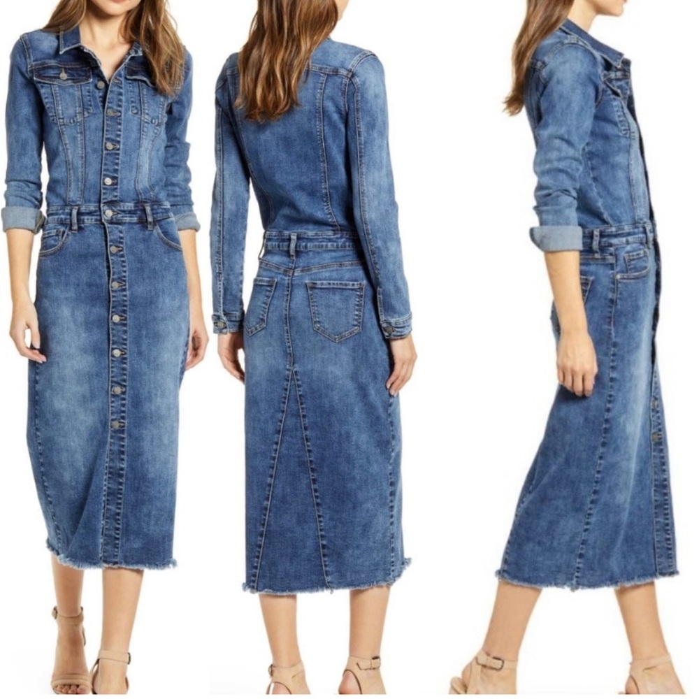Wash Lab Long Sleeve Stretchy Denim Dress Raw Hem Button Front Casual Size Small